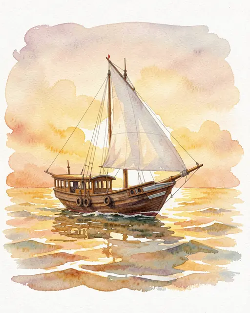 Watercolor painting of a wooden sailing dhow with a white sail floating on calm golden evening seas under a warm sky