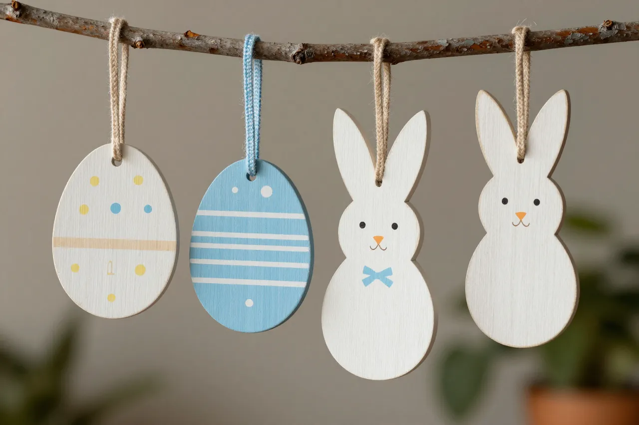 Painted wooden Easter egg and bunny ornaments hang from a thin rustic twig branch