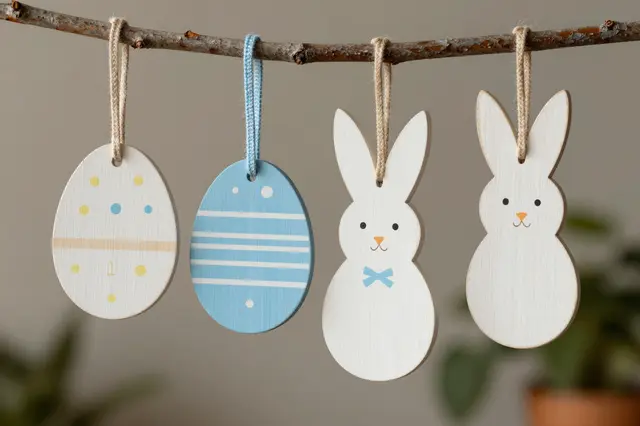 Painted wooden Easter egg and bunny ornaments hang from a thin rustic twig branch