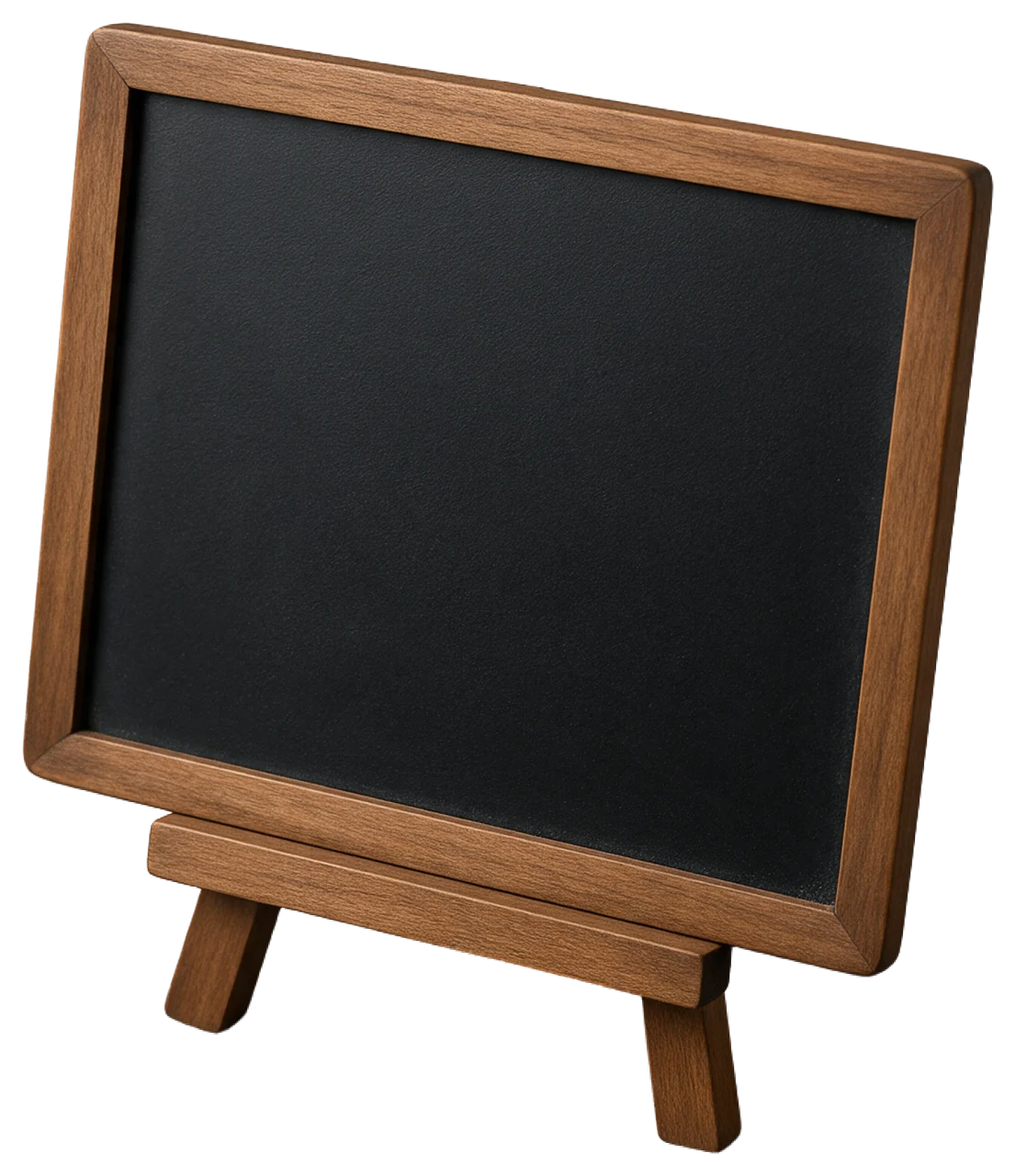 Small blank black chalkboard sign mounted on a solid wooden tabletop easel