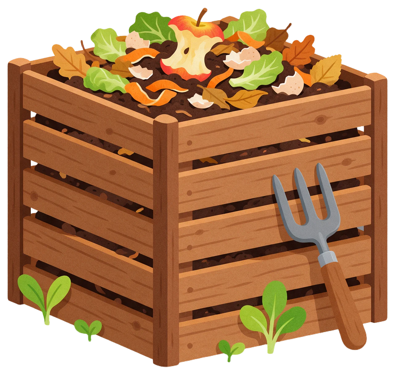 A slatted wooden compost bin filled with compost, food scraps, a small fork and tiny green seedlings at its base