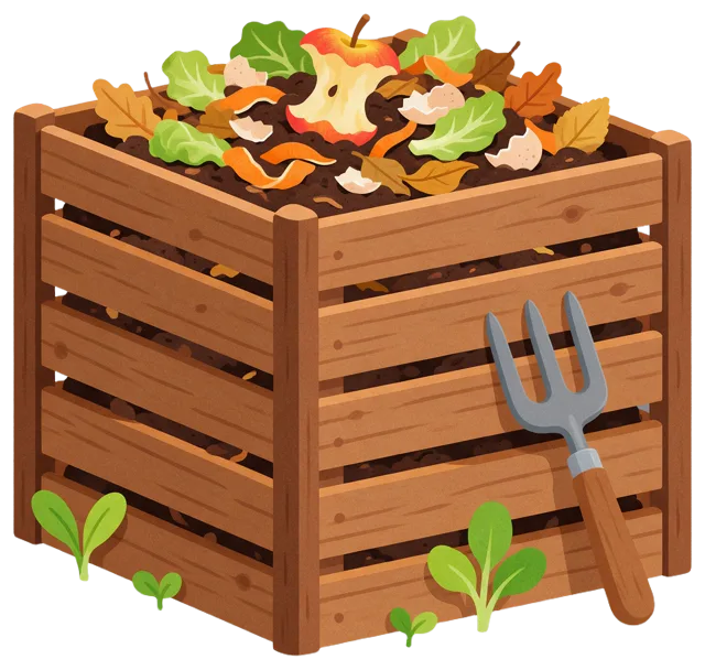 A slatted wooden compost bin filled with compost, food scraps, a small fork and tiny green seedlings at its base