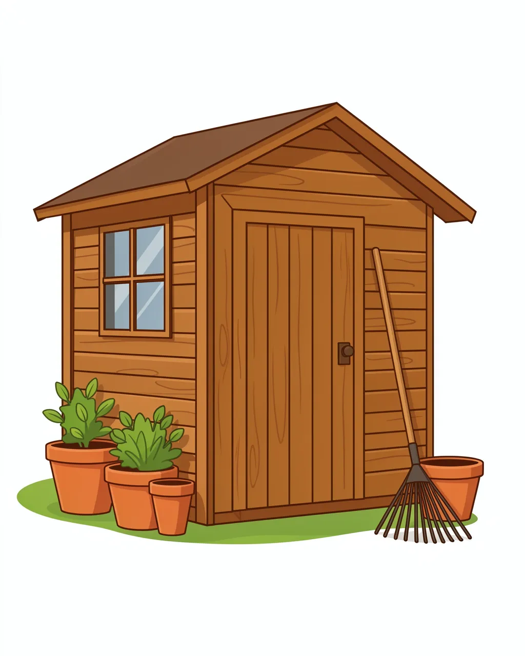 Flat vector illustration of a wooden garden shed with terracotta pots and a leaning rake beside the door