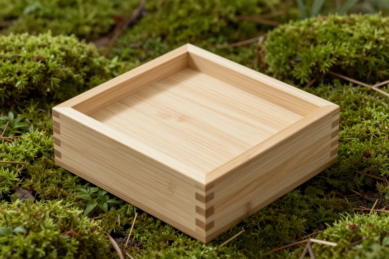 Empty unfinished wooden box rests on a bed of lush green forest moss
