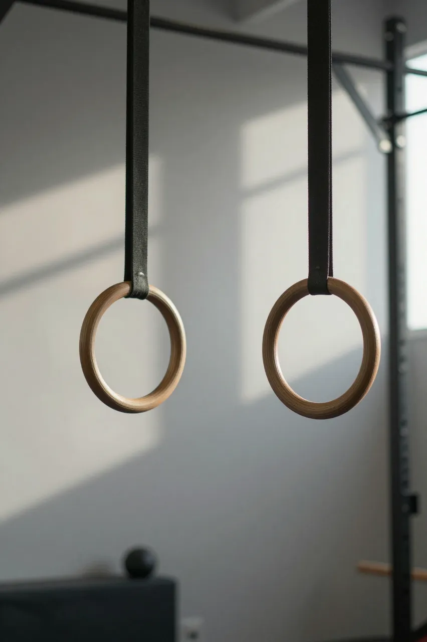 Pair of wooden gymnastic rings hang from black straps in a sunlit modern gym space