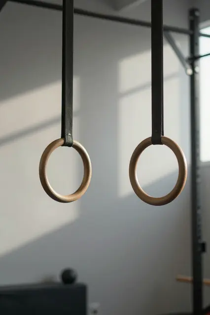 Pair of wooden gymnastic rings hang from black straps in a sunlit modern gym space