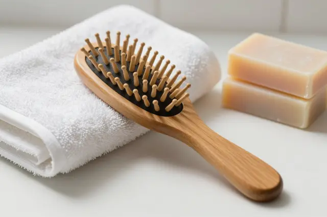 A wooden hairbrush rests on a folded white towel next to stacked natural soap bars on a bathroom countertop.