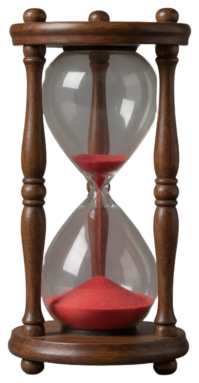 Antique walnut frame hourglass with red sand still falling from the upper to lower bulb