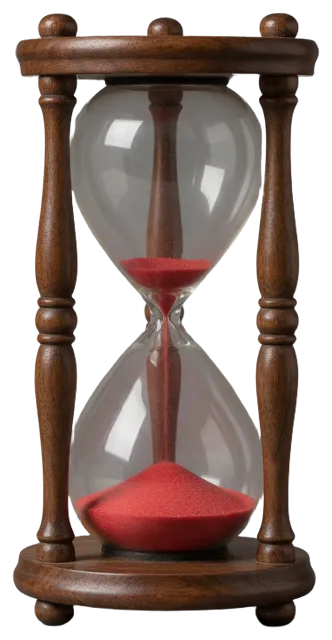 Antique walnut frame hourglass with red sand still falling from the upper to lower bulb
