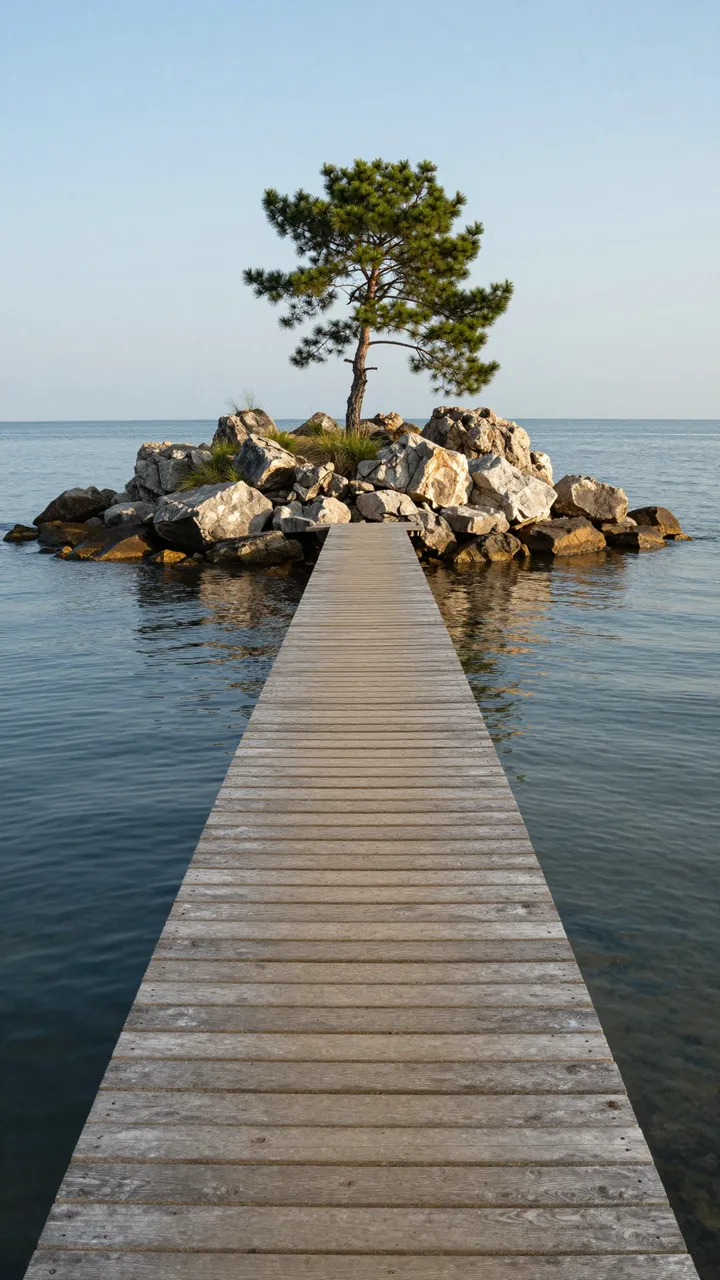 A narrow wooden plank jetty extends across calm water to a small rocky islet with a lone pine tree