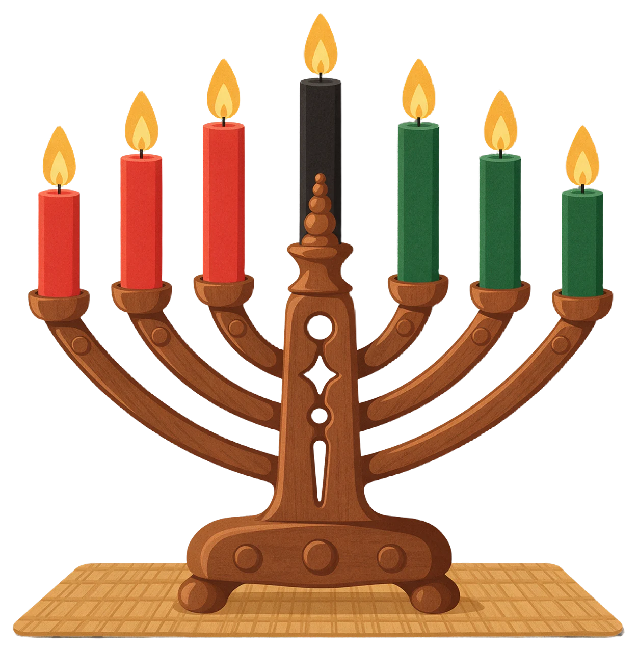 Carved wooden kinara holds seven lit red, black and green Kwanzaa candles on a woven straw mat