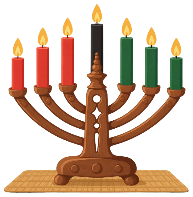 Carved wooden kinara holds seven lit red, black and green Kwanzaa candles on a woven straw mat