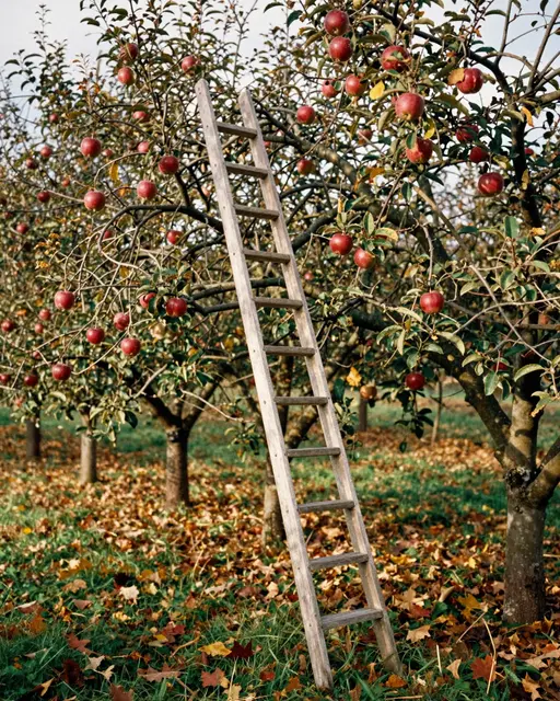 A wooden harvest ladder leans against a fruit-heavy apple tree in a sunlit autumn orchard