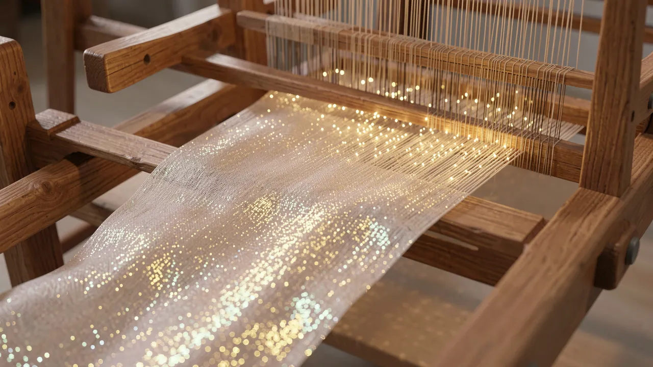 A wooden loom weaves shimmering glowing golden threads into luminous smooth fabric.