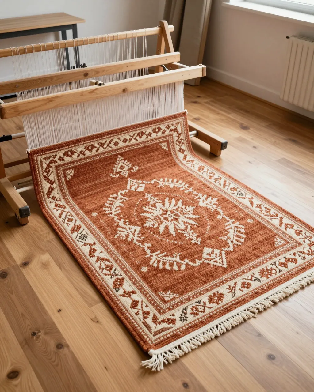 Sunlit workshop scene of a wooden floor loom holding a half-woven rust and cream patterned rug