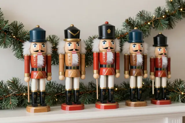 Row of painted wooden nutcracker figures arranged on a white mantel with lit evergreen garland behind them