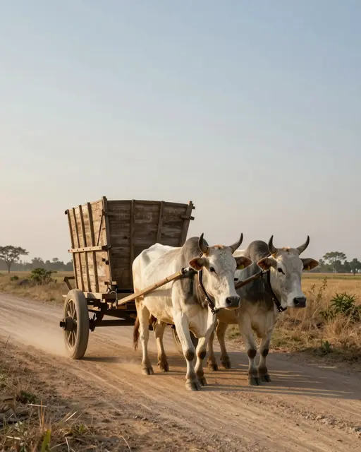 Two oxen pull a wooden cart along a dusty rural road in warm golden late day light