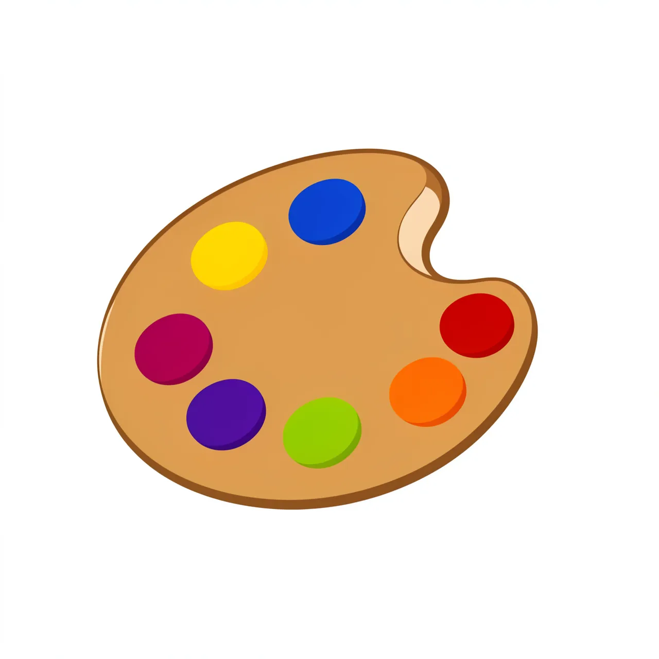 A flat cartoon illustration of a wooden artist palette with bright round paint dabs isolated on white