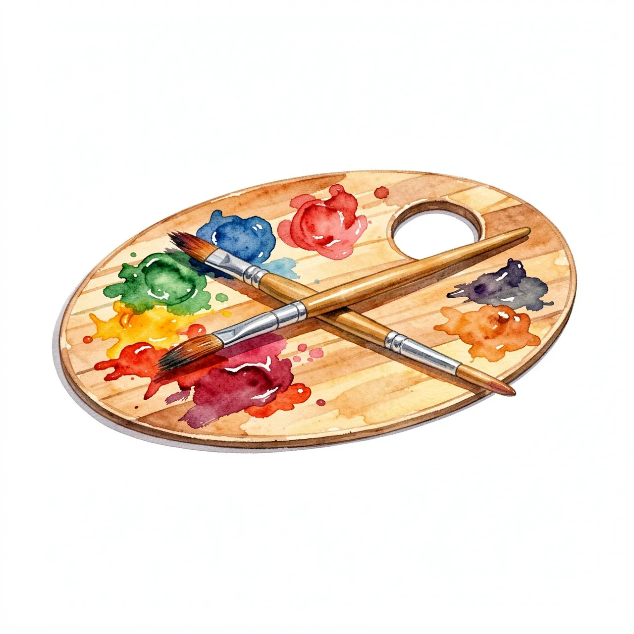 Watercolor illustration of an oval wooden paint palette holding wet paint blobs and two crossed paintbrushes on a plain