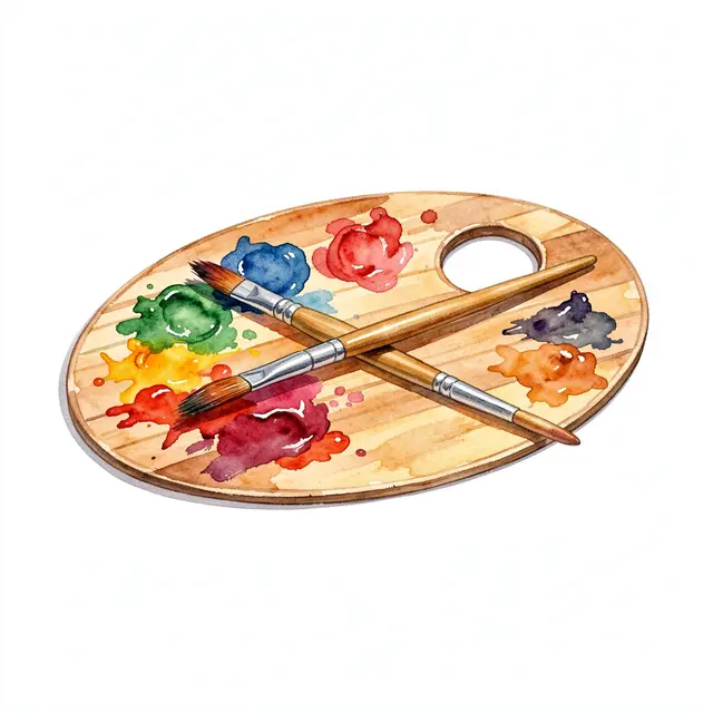 Watercolor illustration of an oval wooden paint palette holding wet paint blobs and two crossed paintbrushes on a plain