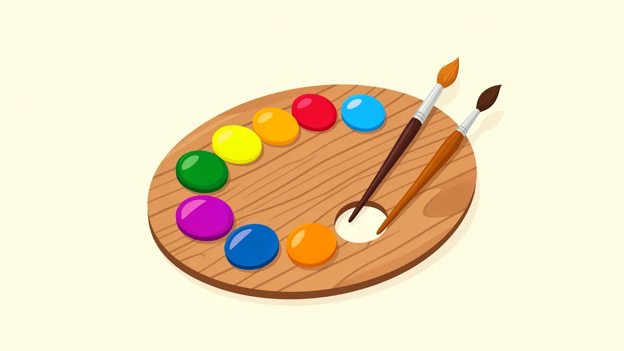 A flat vector illustration of a wooden art palette with bright paint blobs and two paintbrushes on a cream background
