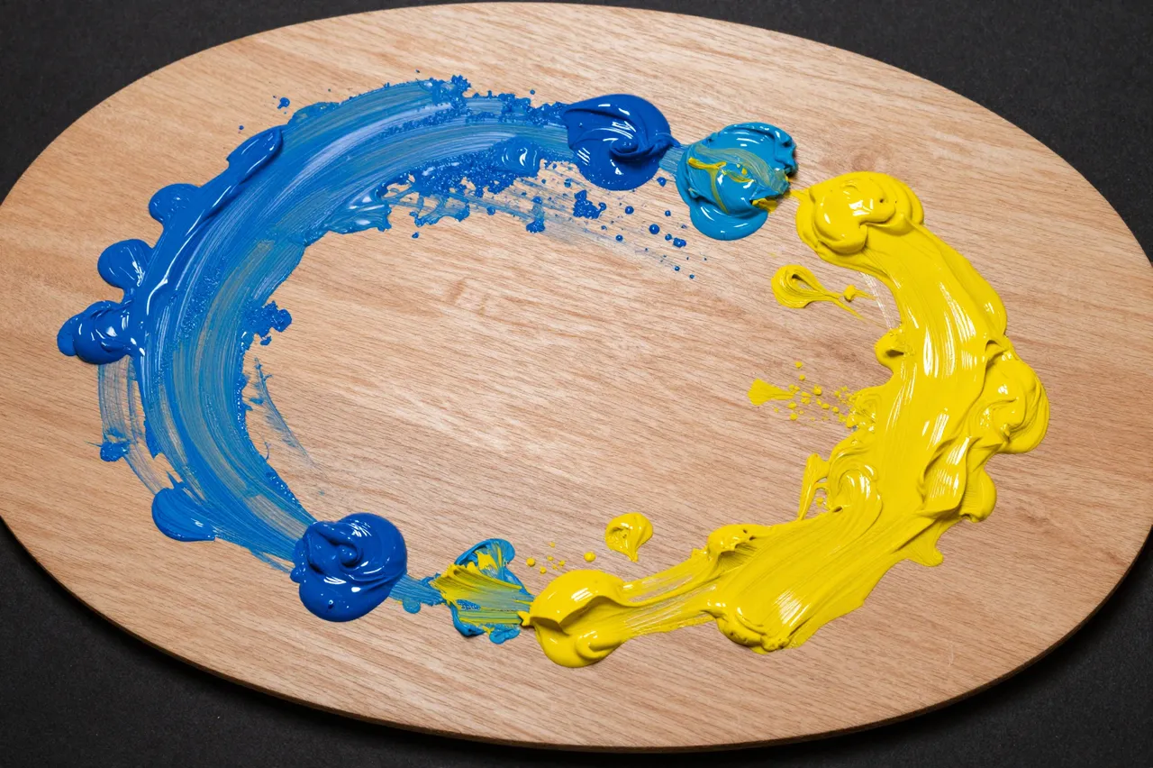 Top-down view of an oval wooden artist palette holding swirled blobs of blue and yellow oil paint.