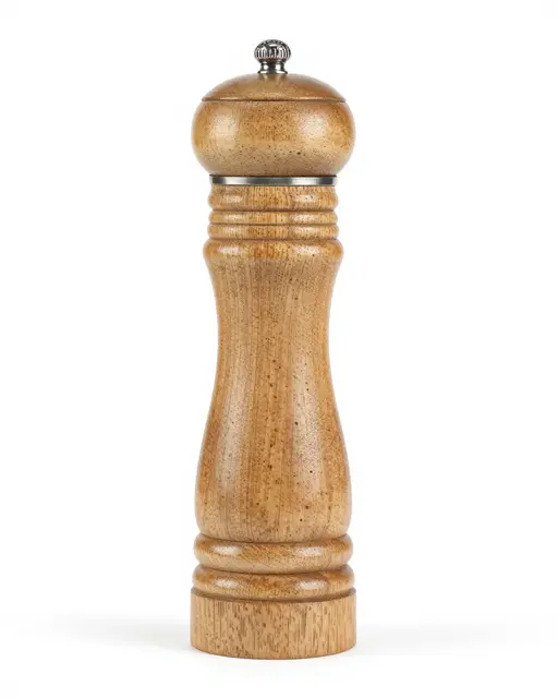 A tall light wooden pepper mill with a brushed steel top stands isolated on a plain white studio background.