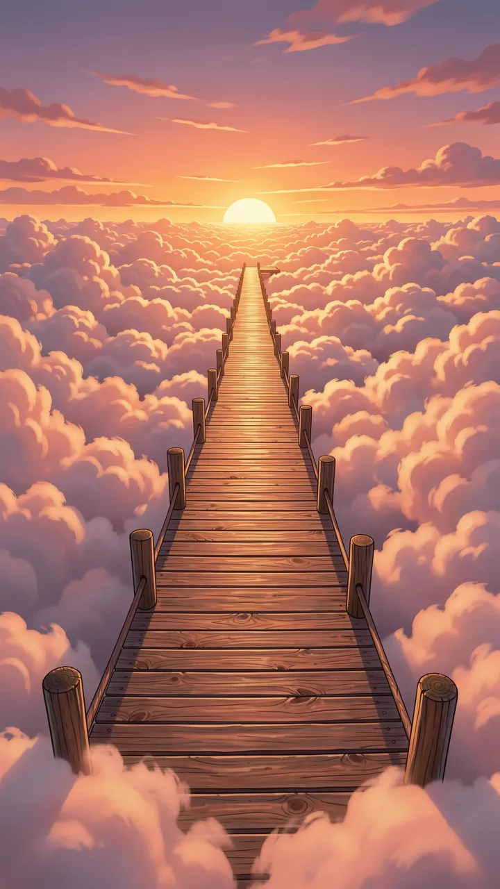 A long wooden pier stretches out over a sea of fluffy clouds toward a glowing sunrise