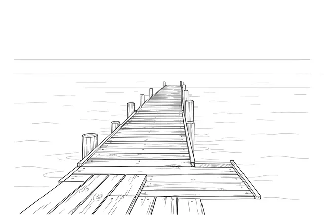 Fine line art drawing of a wooden pier extending into a calm sea on a plain white background