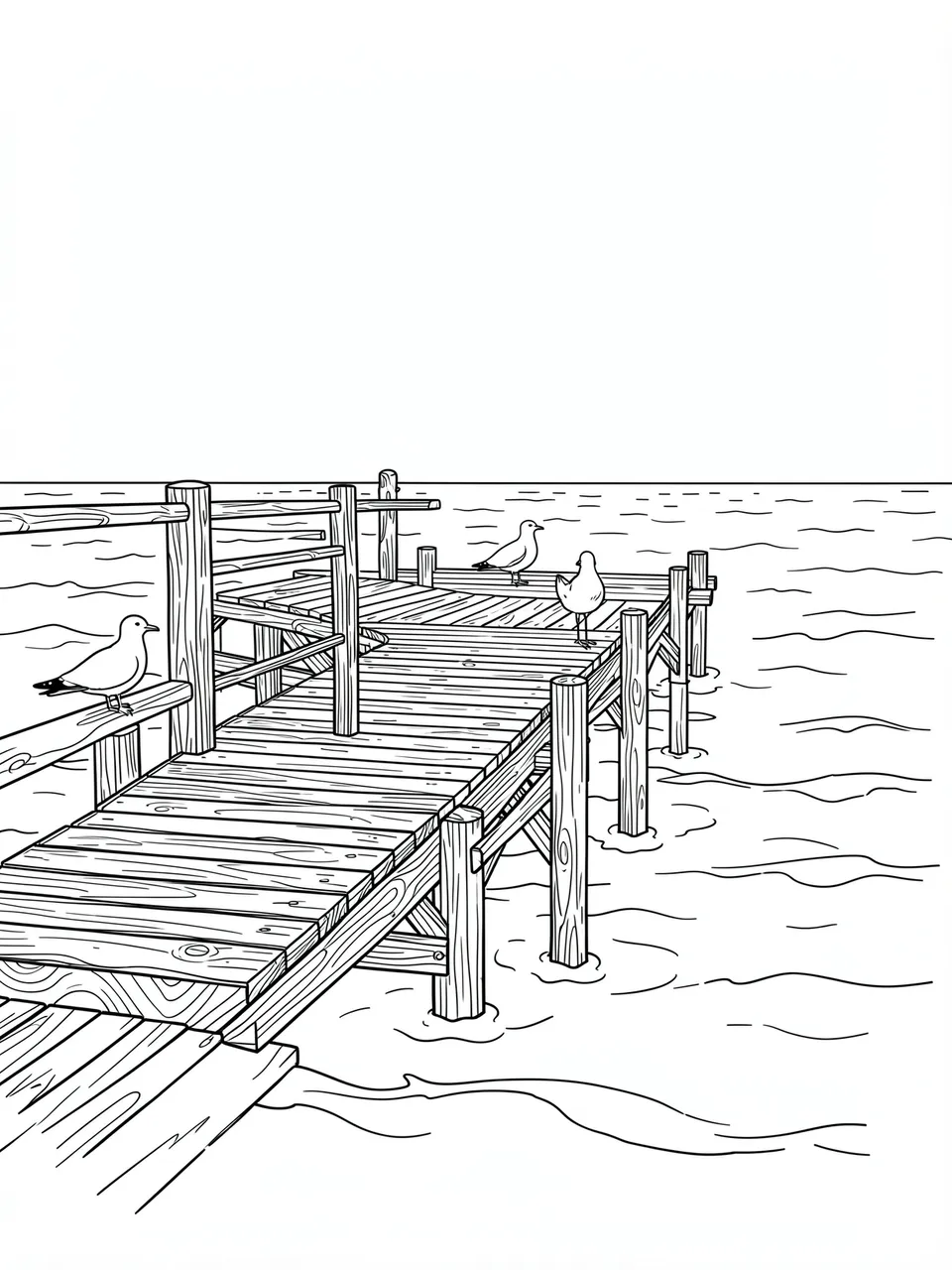 Black and white line art coloring page of a wooden pier extending into the sea with three seagulls perched on the structure.