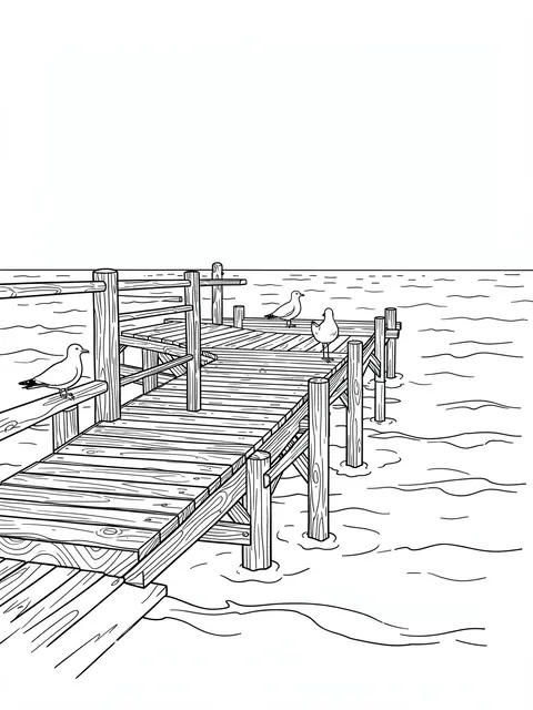 Black and white line art coloring page of a wooden pier extending into the sea with three seagulls perched on the structure.