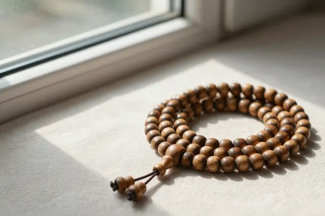 Coiled wooden mala prayer beads rest on natural linen beside a sunlit window with empty copy space on the left.