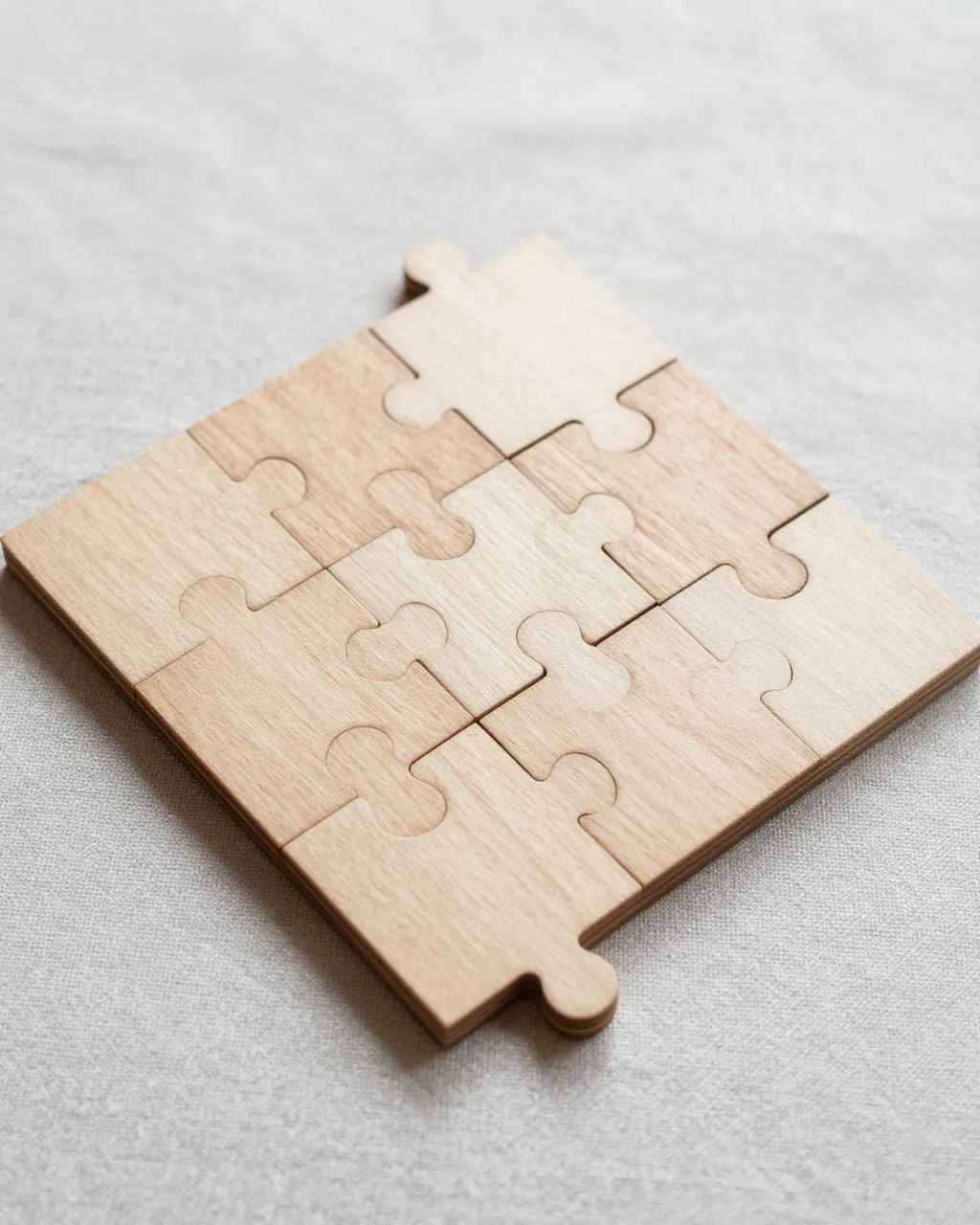 Joined plain wooden puzzle pieces arranged as a small square resting on light linen fabric