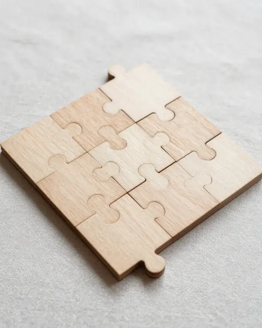 Joined plain wooden puzzle pieces arranged as a small square resting on light linen fabric