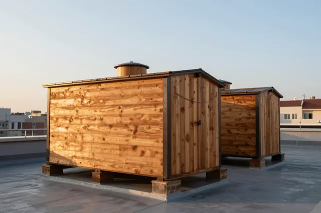 Wooden rooftop water storage tanks sit on a concrete city rooftop at golden hour sunset