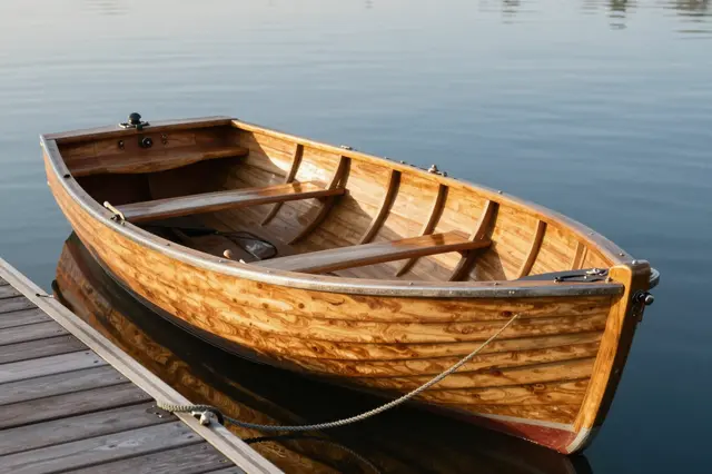 A polished wooden rowboat tied to a weathered wooden dock floats on calm still water at soft dawn