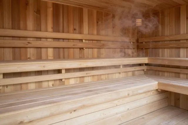 Light wood sauna interior with tiered benches and wispy steam rising in the corner