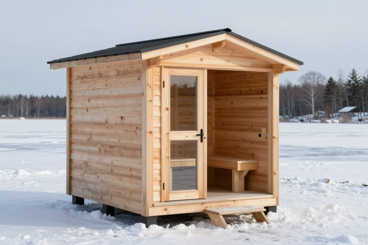 A light wood sauna cabin sits on a snow-covered frozen lake under an overcast winter sky