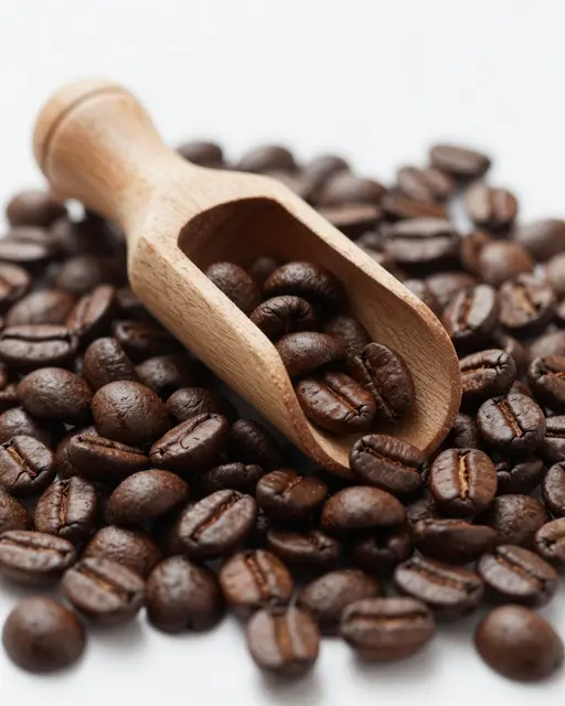 A wooden scoop filled with dark roasted coffee beans rests on a scattered pile of beans against a light background