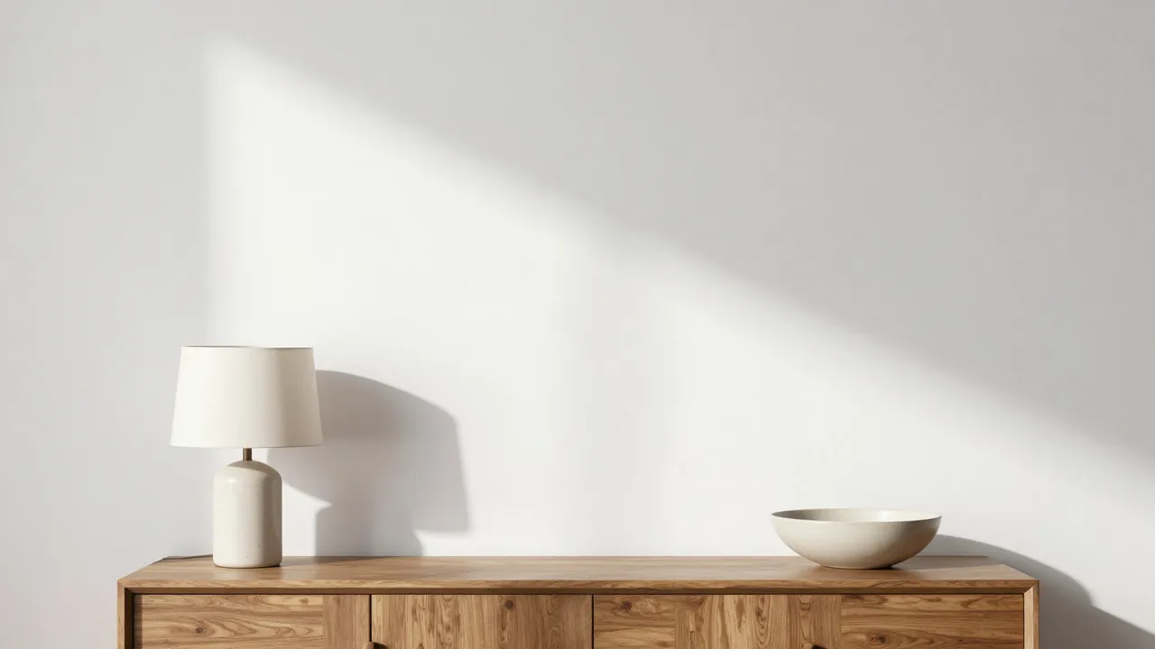 Empty white wall above a wooden sideboard holding a table lamp and ceramic bowl with soft diagonal sunlight.