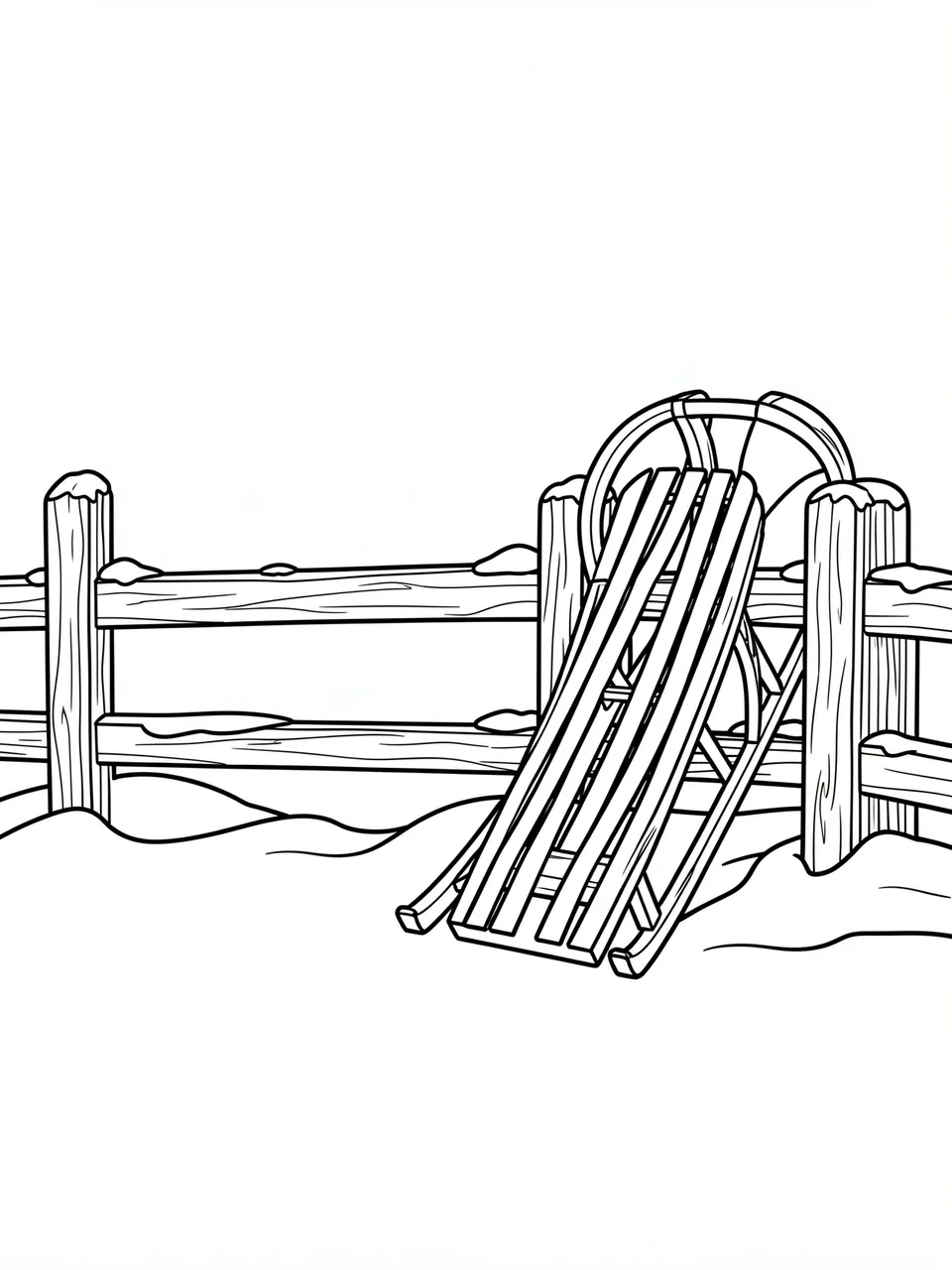 Black and white line art coloring page of a wooden sled leaning against a snow-dusted fence on a snowy ground