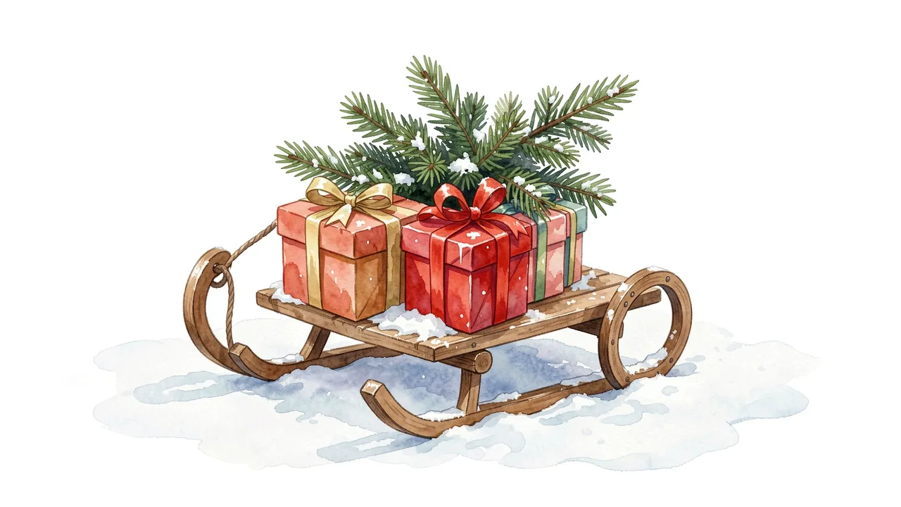 Watercolor illustration of a wooden sled holding wrapped gifts and pine branches on fresh snow