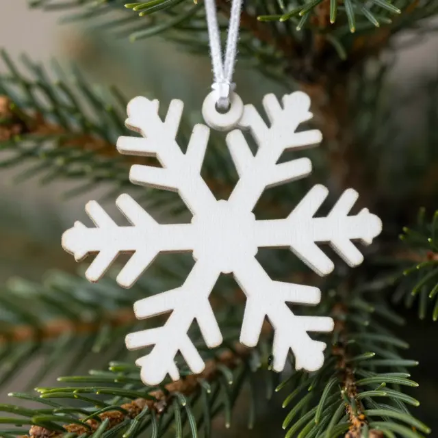 A close-up of a white wooden snowflake ornament hanging from a green fir branch with soft bokeh background.