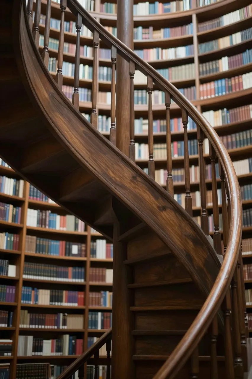 A carved dark wood spiral staircase stands in front of tall blurred library bookshelves