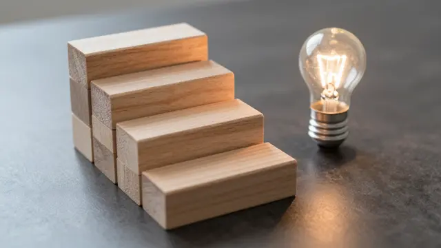 Stacked wooden block steps rise toward a lit light bulb resting on a dark smooth table