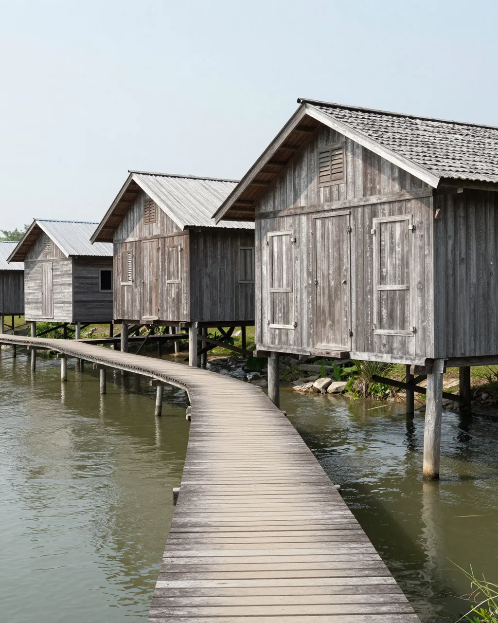 A curved wooden plank walkway leads to weathered stilt houses standing above a calm river at midday