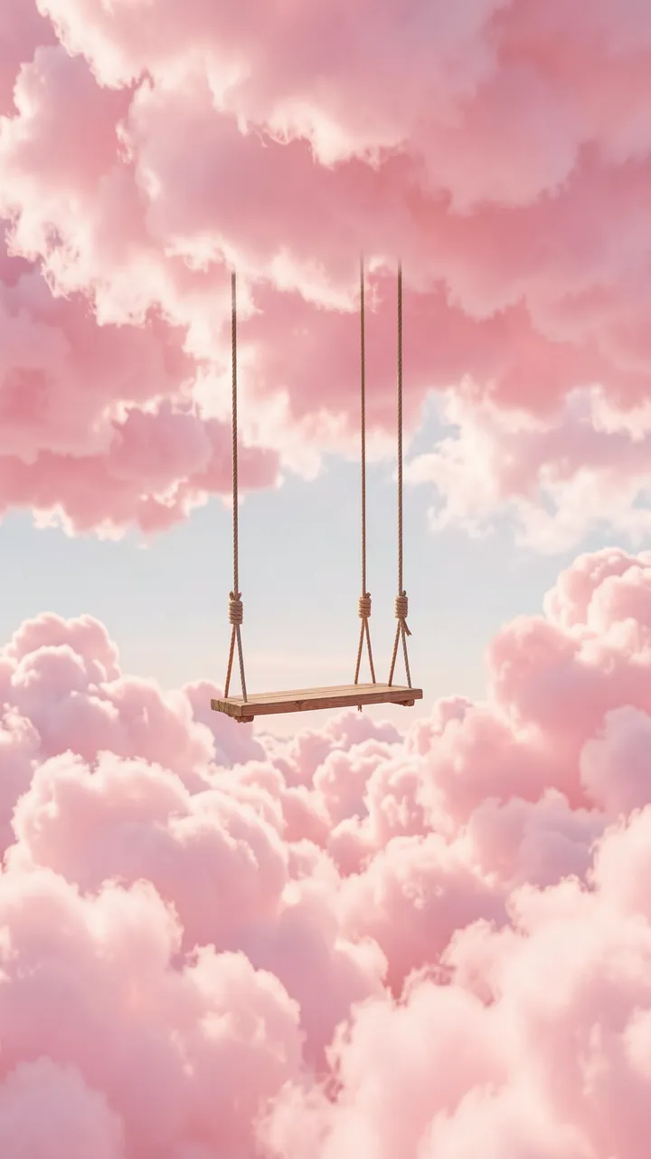A small wooden swing hangs suspended between soft pastel pink cloud layers