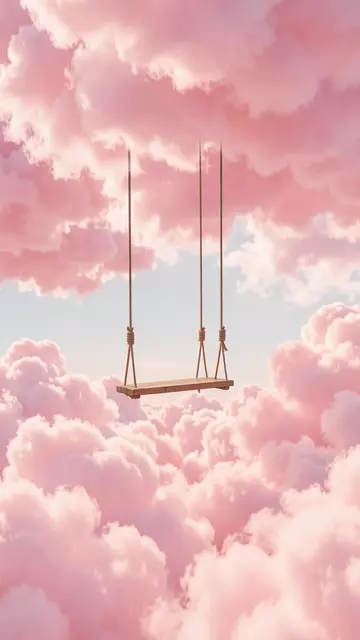 A small wooden swing hangs suspended between soft pastel pink cloud layers