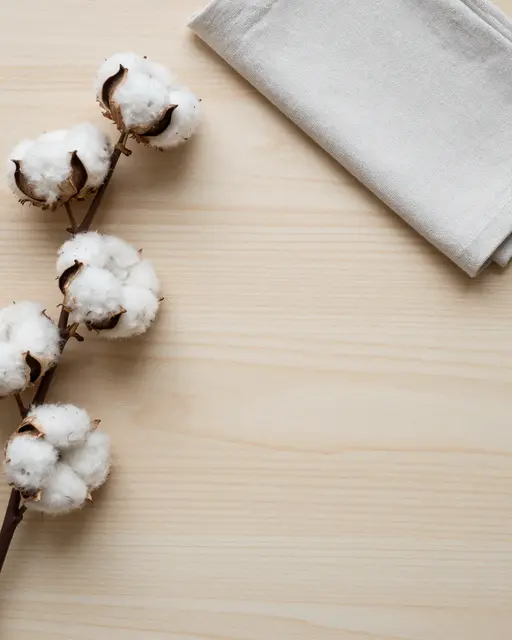 Top view of a pale wooden table with a cotton sprig and folded linen napkin in the upper corners, with empty copy space in
