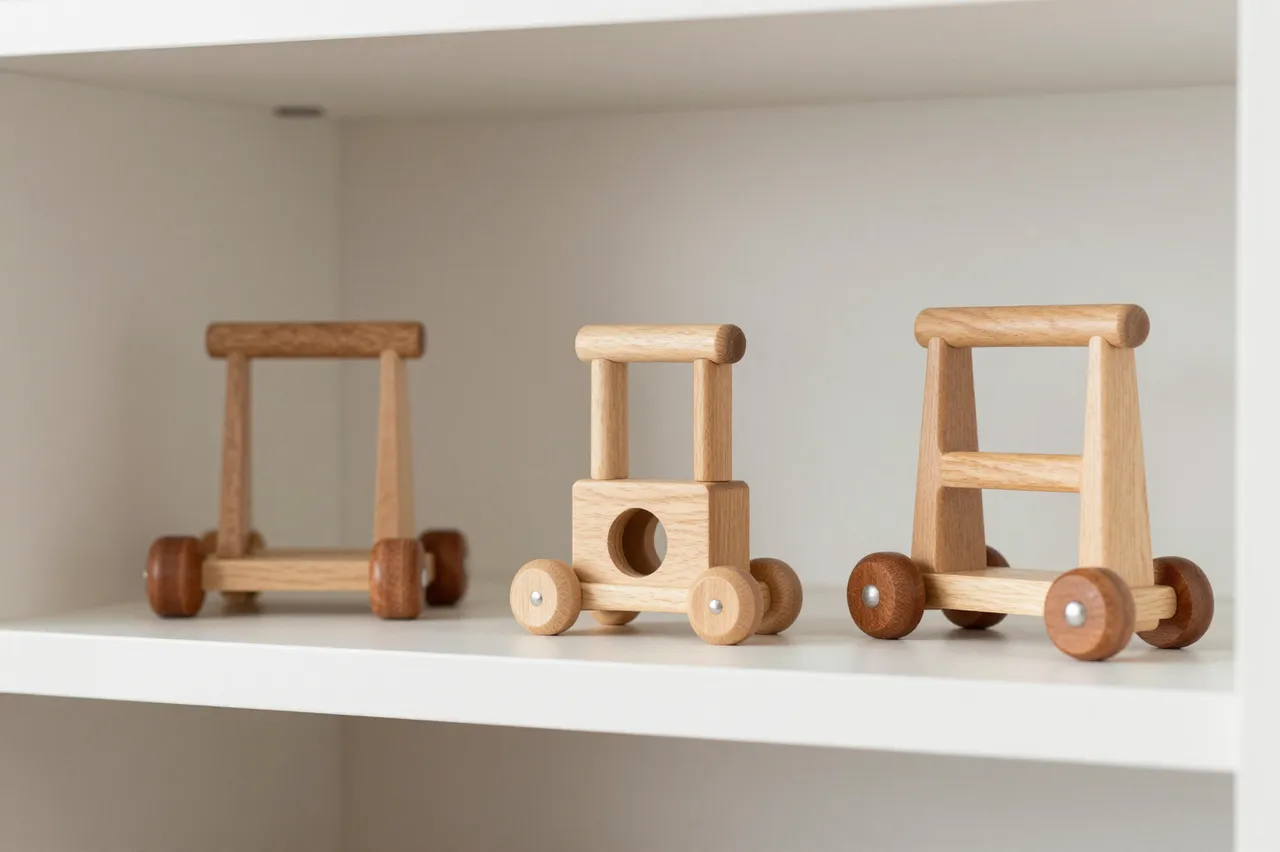 Three minimalist wooden push toys are neatly arranged on a white nursery shelf.
